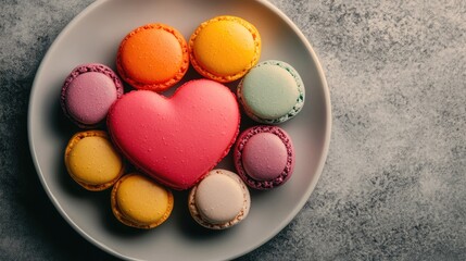 Fototapeta premium Colorful Macarons and Heart-Shaped Candy on Plate