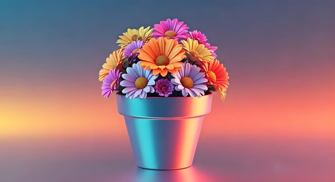 A holographic background with an iridescent pot and multicolored flowers, Ai Generated