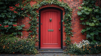 Vibrant red door surrounded by lush greenery and flowers