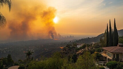 Wildfire smoke over LA city at sunset