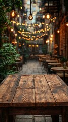 Obraz premium Rustic Wooden Table in a Cozy Outdoor Cafe Setting
