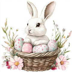 Easter, bunny, rabbit, basket, eggs, floral, cherry blossoms, spring, cute, festive, holiday, pastel, decorative, nature, adorable, celebration, illustration, watercolor, artistic, hand-drawn, soft co