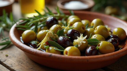 A rustic bowl filled with a mix of green and black olives garnished with garlic and fresh herbs. The cozy kitchen atmosphere enhances the inviting presentation of the dish