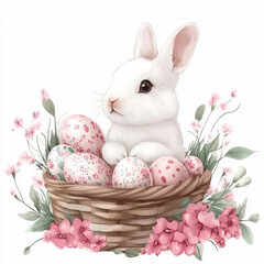 Easter, bunny, rabbit, basket, eggs, floral, cherry blossoms, spring, cute, festive, holiday, pastel, decorative, nature, adorable, celebration, illustration, watercolor, artistic, hand-drawn, soft co