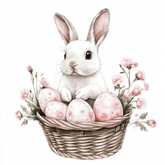 Easter, bunny, rabbit, basket, eggs, floral, cherry blossoms, spring, cute, festive, holiday, pastel, decorative, nature, adorable, celebration, illustration, watercolor, artistic, hand-drawn, soft co