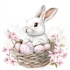 Easter, bunny, rabbit, basket, eggs, floral, cherry blossoms, spring, cute, festive, holiday, pastel, decorative, nature, adorable, celebration, illustration, watercolor, artistic, hand-drawn, soft co