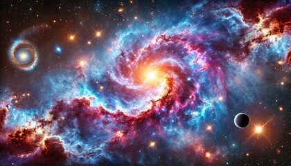 Obraz premium Colorful Spiral Galaxy with Nebulae and Planets in Deep Space