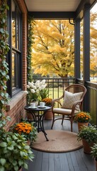 Fototapeta premium Low to medium angle shot of a cozy well-appointed porch on a sunny fall afternoon