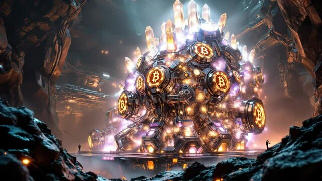 A large, glowing structure with Bitcoin logos and crystals, in a futuristic cave setting with some people. Represents cryptocurrency mining or wealth. The dawn of new financial paradigms