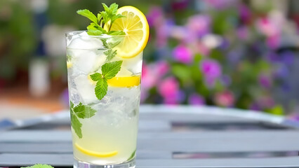 Refreshing Homemade Lemon Mint Iced Drink on Outdoor Caf&eacute; Table &ndash; Summer Hydration with Fresh Citrus and Herbs