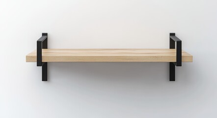 Simple 3D Render of a Minimalist Wooden Shelf with Black Metal Brackets and a Clean Background for Decor and Interior Design Ideas