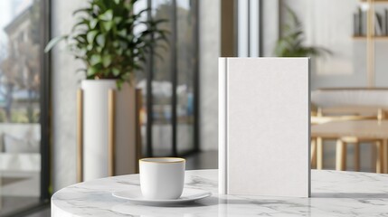 A book cover mockup displaying a hardcover novel standing upright on a marble table, with a blurred cozy cafe background for a warm and inviting feel.