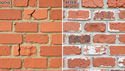 Obraz premium Before and after restoration of cracked brick wall, home improvement