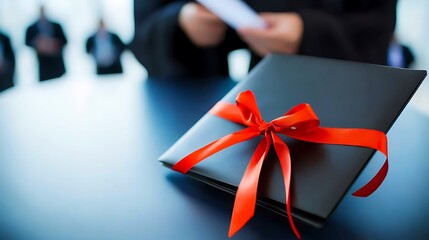 A black folder tied with a red ribbon rests on a table, blurred figures stand in the background