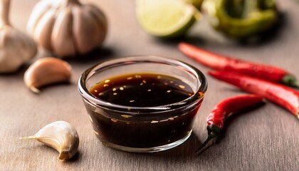 close up to thai oyster sauce in a little glass bowl with chilli and garlic at behind