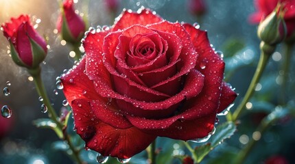Stunning Dew-kissed Red Rose Close Up Photography