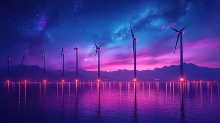 Wind turbines stand in a beautiful purple and blue landscape