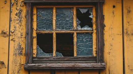 Broken Window in a Weathered Yellow Building