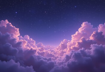 Peaceful night sky with purple clouds and stars.