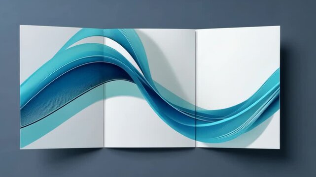 Blue Abstract Wave Design On Tri-Fold Brochure Mockup Over Gray Background For Presentation