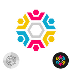 Colorful tech geometric people in a round team stylized logo. Hexagon symbol with minimalistic tech style color human figures in the community circle group.