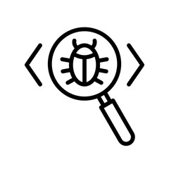 Code review for search and find a software bug line icon with magnifying glass and bug insect. Spyware antivirus check concept symbol. Editable stroke.