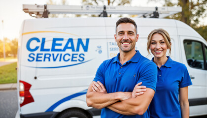 Proud business owners standing by cleaning service van, entrepreneurial spirit