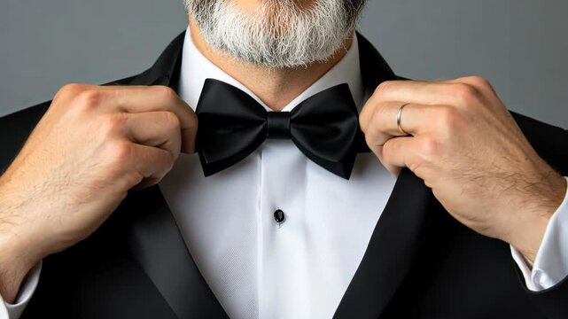 A sophisticated gentleman is meticulously adjusting his bow tie while dressed in formal attire, preparing for an upcoming gala event in a stylish indoor setting