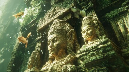 Obraz premium an underwater temple in the middle of the ocean with fish swimming in front of it