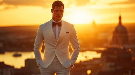 Handsome man in white tuxedo at sunset city view