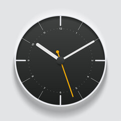 Simple black clock in realistic flat style, with arrow and  numbers. Time on white background. Business watch. Vector design element for you project