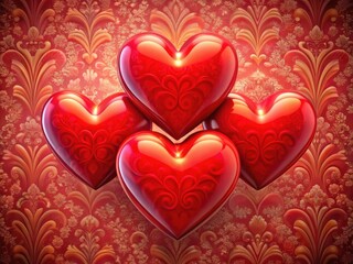 Ornate Red Hearts Pink Damask Wallpaper, Romantic Hearts Background,  Red Heart Design,  Damask Pattern, Valentines Day Hearts