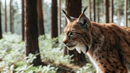 Fototapeta premium a majestic lynx gazing intently in a forest setting. The lynx showcases its distinctive features with tufted ears and spotted coat. 