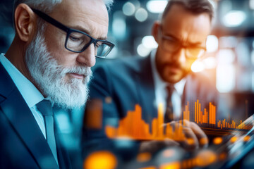 Team of business seniors analyzing financial data with futuristic orange graphs