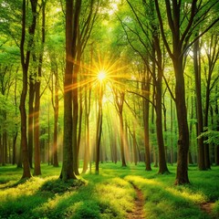 Sunlight streams through vibrant green forest