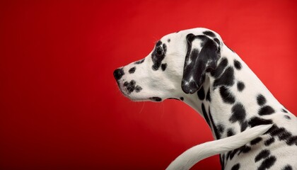 side view of a dalmatian s tail and hind legs against red background