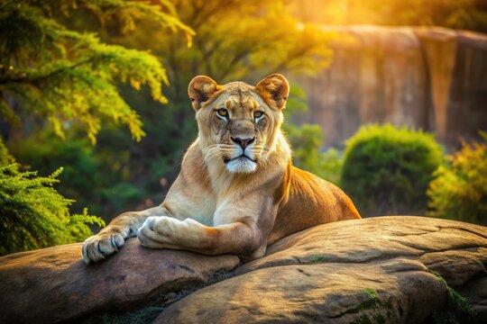 Panoramic Lioness Zoo Enclosure Resting - Sunny Day Wildlife Photography