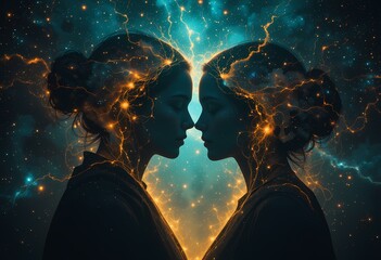 Fototapeta premium Mystical twin women, cosmic energy, connection