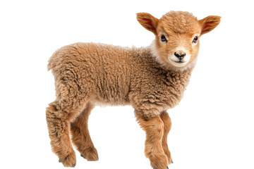 Fototapeta premium A light brown lamb standing on a white background.