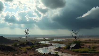 Dramatic landscape showing cloudy sky over winding riverbed and plains