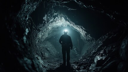 Obraz premium A miner working deep underground with a headlamp.