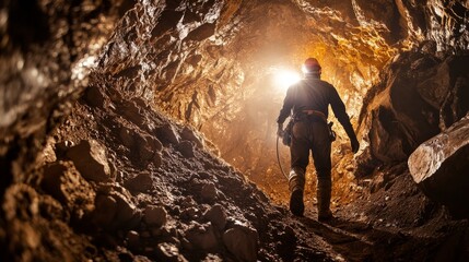 A miner working deep underground with a headlamp.