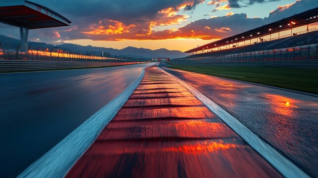 Wet racing track at sunset reflecting dramatic sky