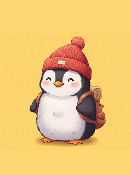 little penguin hking with hat and bag