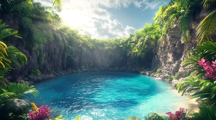 Obraz premium Tropical lagoon hiding in lush jungle surrounded by cliffs