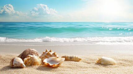 Seashells on a Sandy Beach with Ocean Waves and Sunlight. Place for text, copy space
