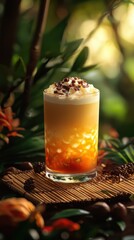 The amber, brown, layered cocktail drink is a creamy beverage in a glass. It's topped with foam and a garnish, making it a perfect drink.