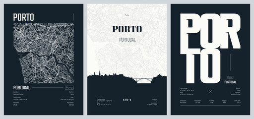 Set of travel posters with Porto, detailed urban street plan city map, Silhouette city skyline, vector artwork, set 2 © max_776