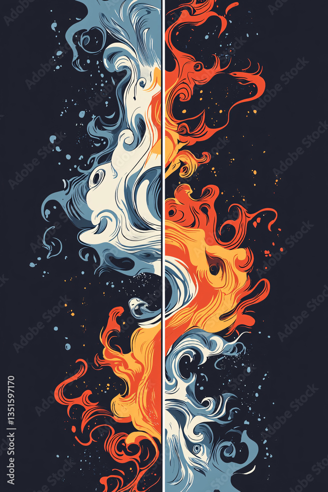 Wall mural abstract vertical illustration of intertwined fire and water elements with flowing motion and high c