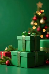 Green Christmas gift boxes stacked on a table on green defocused holiday background, holiday decoration, decorative box, gift box